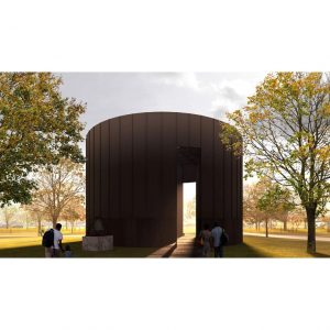 Serpentine Pavilion 2022, Black Chapel, designed by Theaster Gates. Design render, exterior view. © 2022 Theaster Gates Studio.